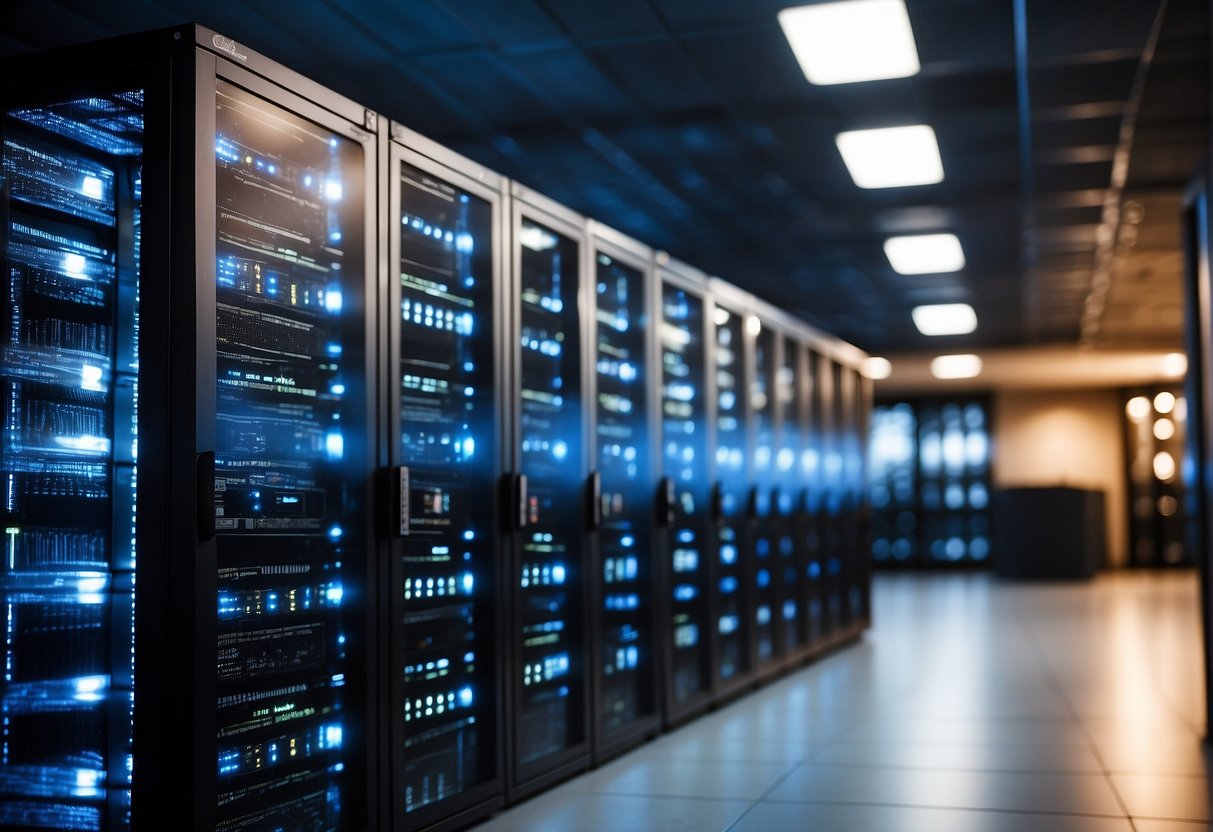 A secure retail data center with encrypted servers and firewalls, protecting customer information from data breaches