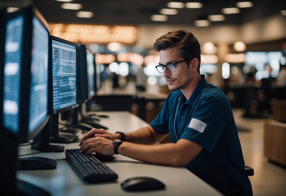 A retail store employee erases customer information from a computer, ensuring compliance with data protection laws