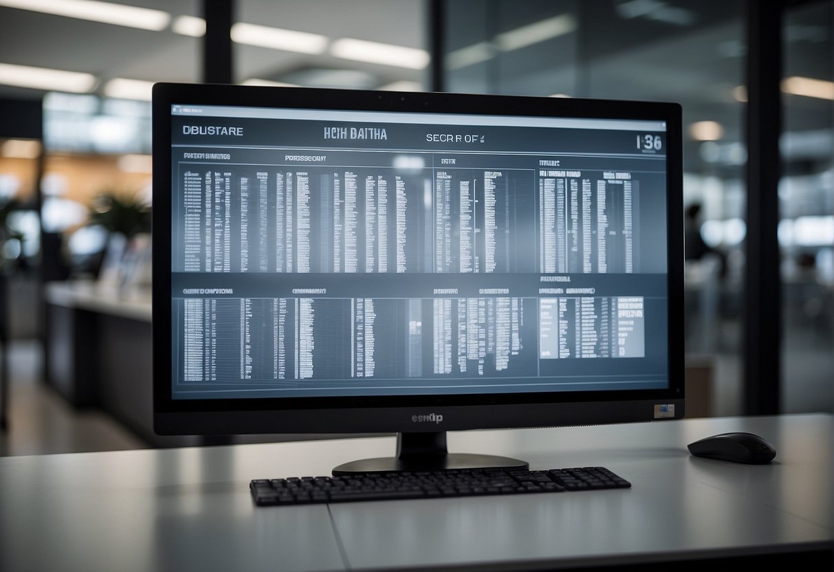 A secure data erasure process in a retail setting, with a computer screen displaying the deletion of customer information