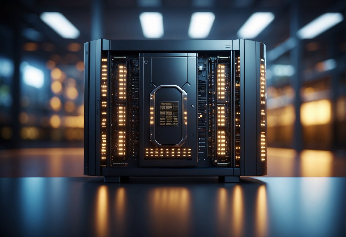 A secure data server surrounded by a shield representing protection. Data erasure tools and retail security keywords floating around it