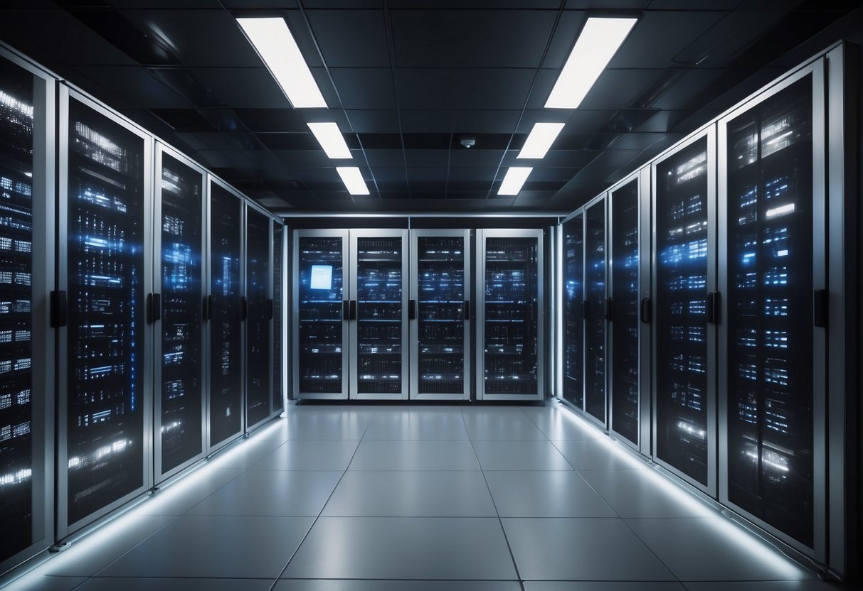 A secure data center with locked cabinets and encrypted servers, shielded by biometric access and surveillance cameras