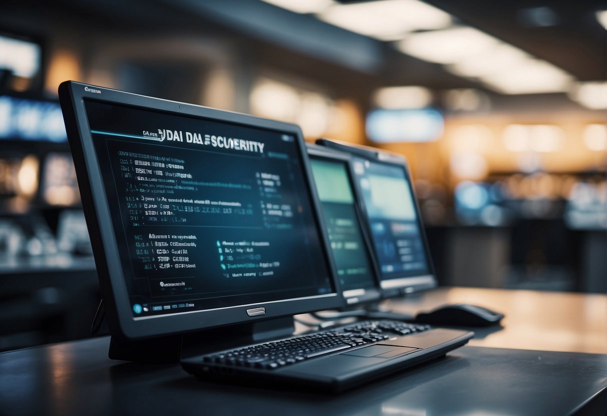 A retail store's computer system being wiped clean, with the words "data security" and "customer information protection" prominently displayed