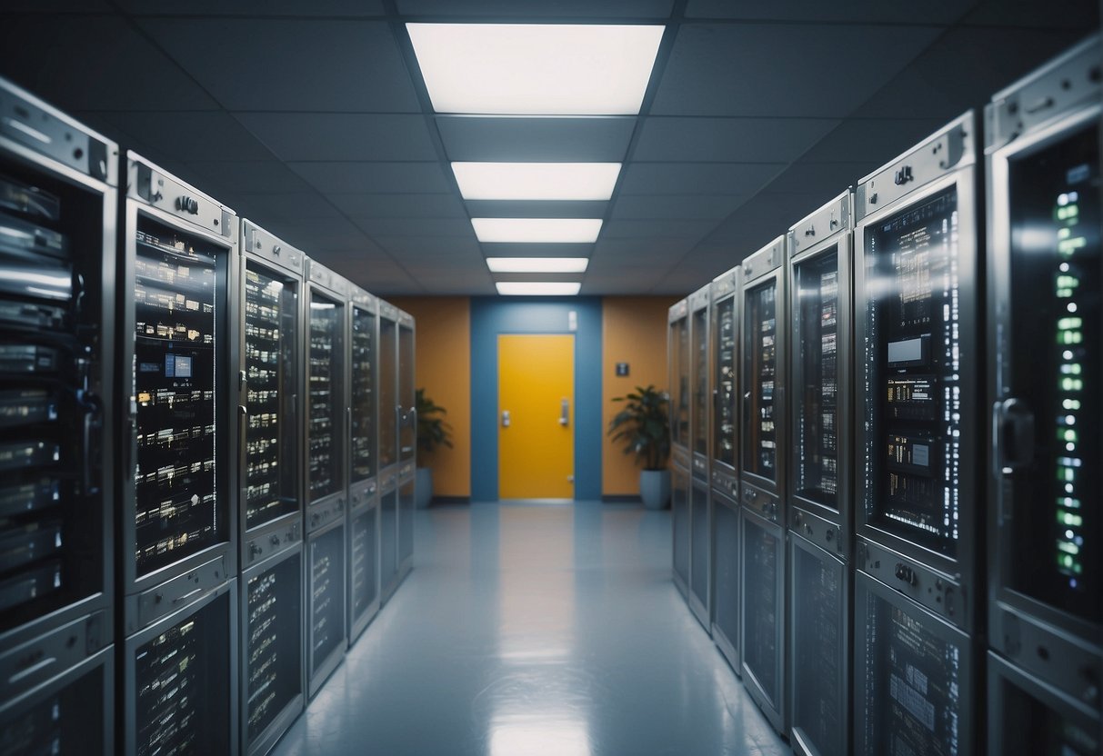 A secure facility with data erasure equipment and storage devices being wiped clean. Security protocols in place