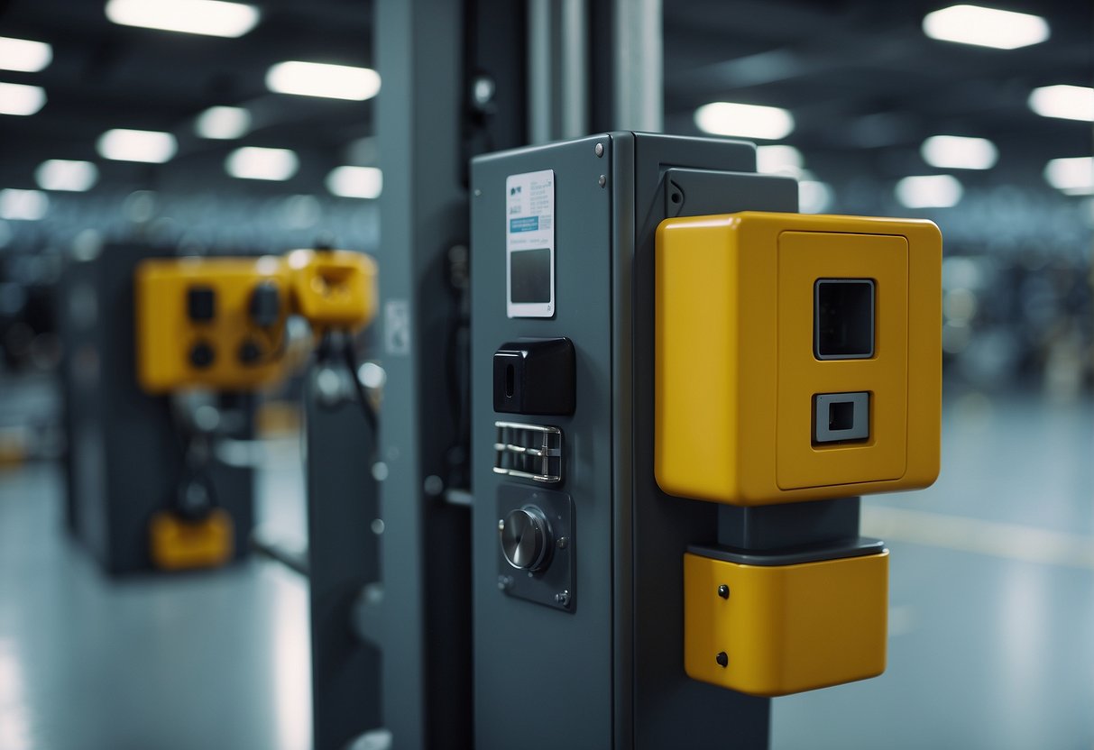 A secure warehouse with locked gates, surveillance cameras, and data erasure equipment in use on electronic devices