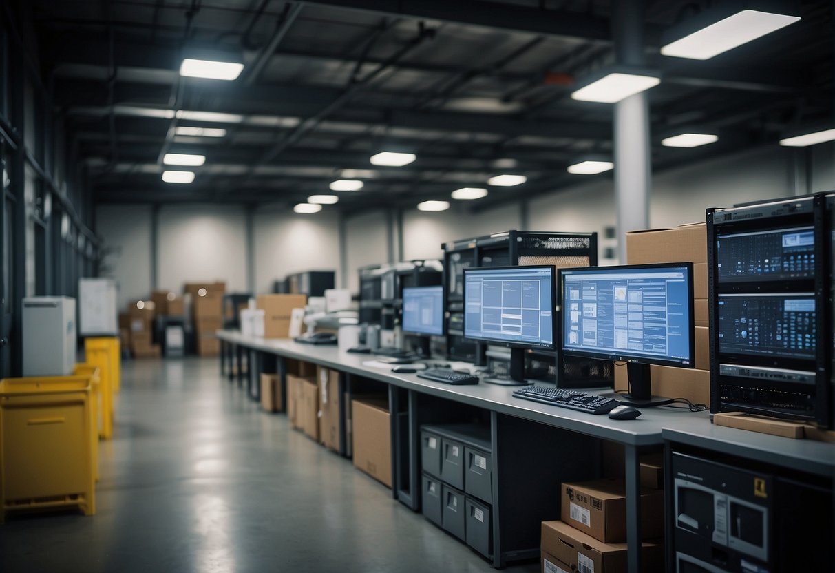 A secure warehouse with data erasure equipment and certification documents displayed