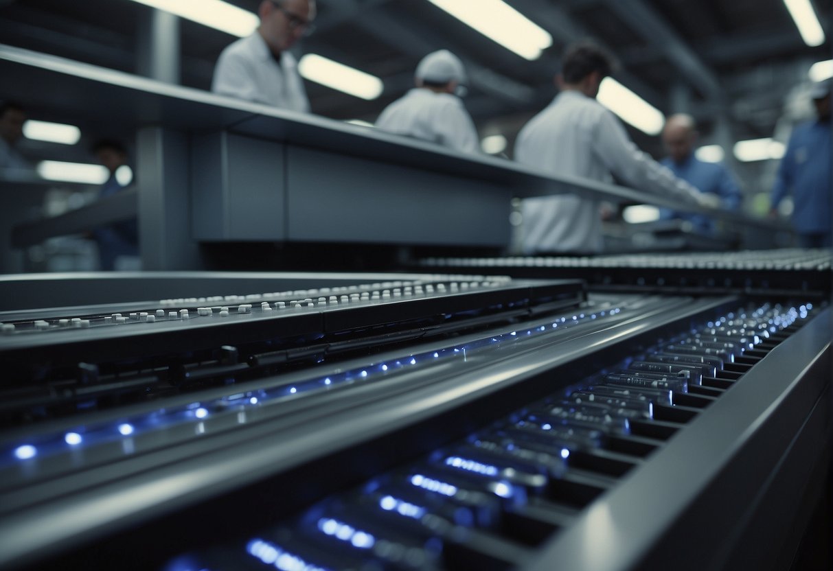 A conveyor belt moves electronic devices towards a data erasure machine. A technician monitors the process as the devices are wiped clean of all sensitive information