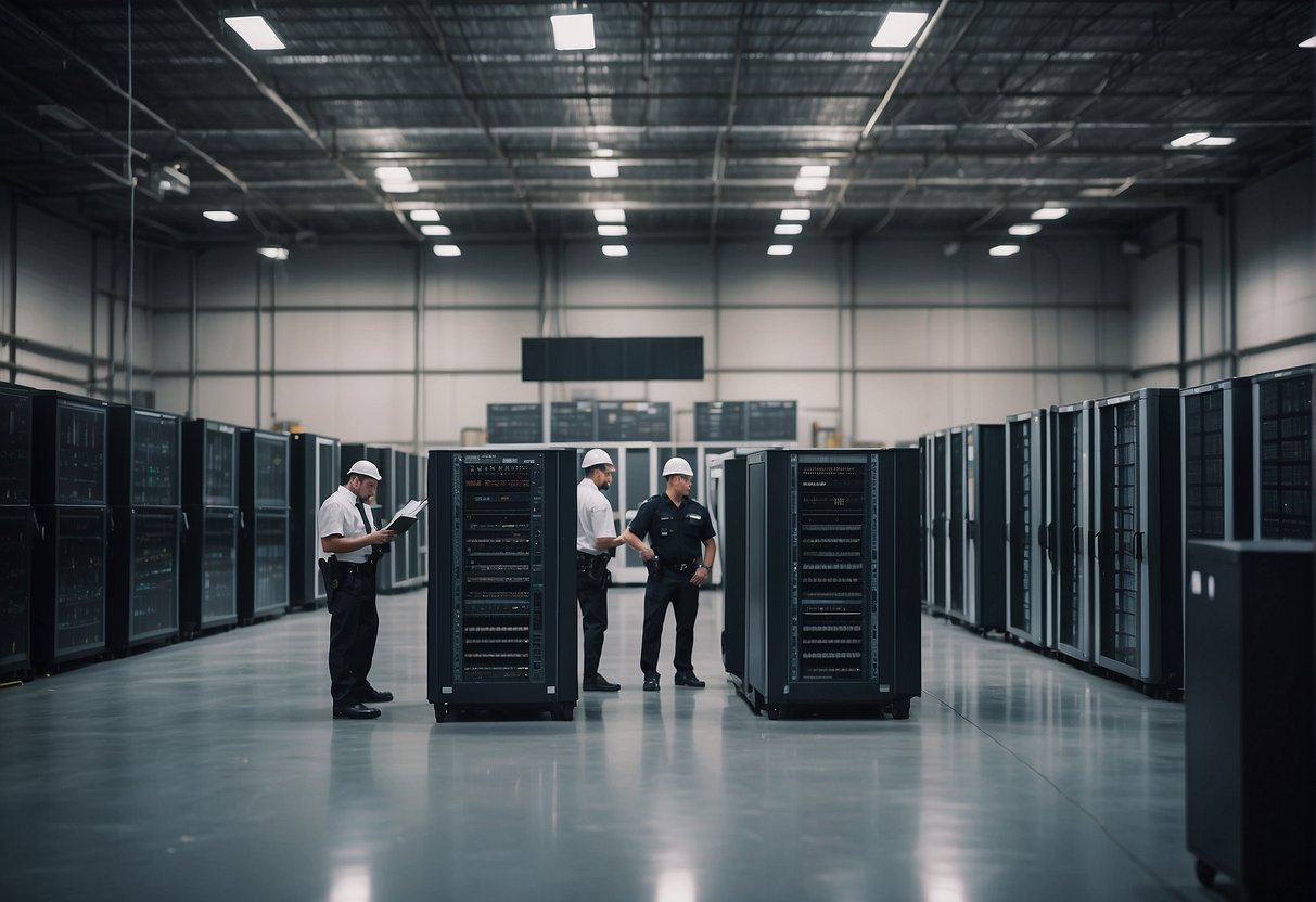 A warehouse with rows of computer servers being wiped clean, surrounded by security personnel and data erasure equipment