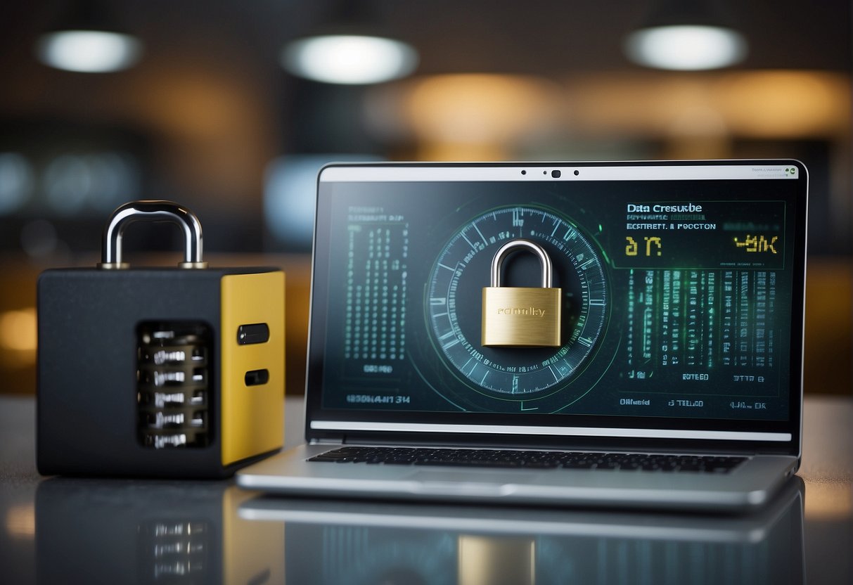 A secure vault with a padlock and a computer screen displaying "Data Erasure Complete" to illustrate compliance with international data protection laws