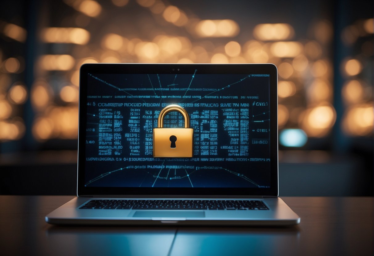 A computer screen displaying a secure data erasure process, with a padlock symbol and international data protection laws in the background