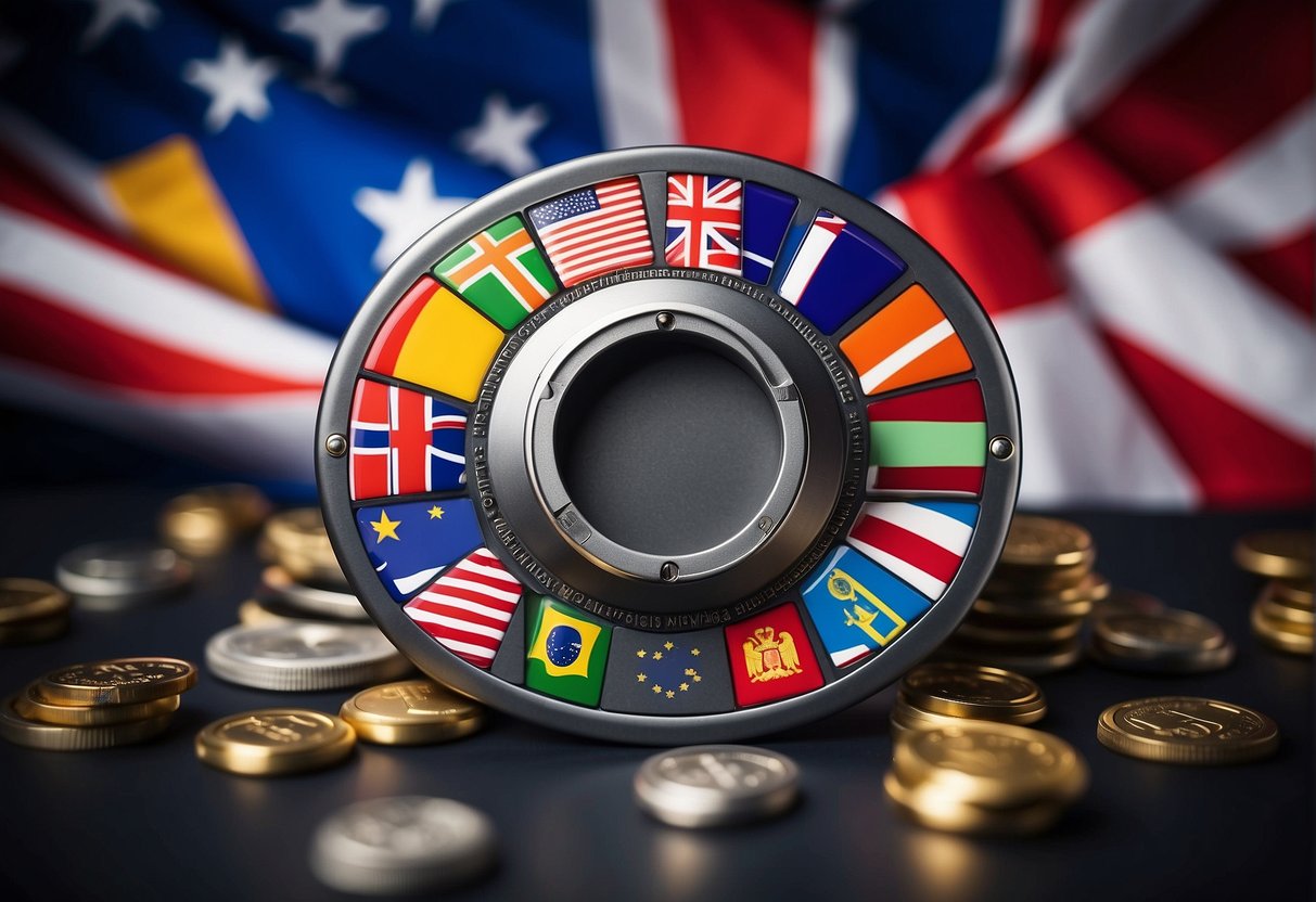 A secure vault with a keyhole surrounded by various international flags, symbolizing compliance with GDPR and other data protection laws