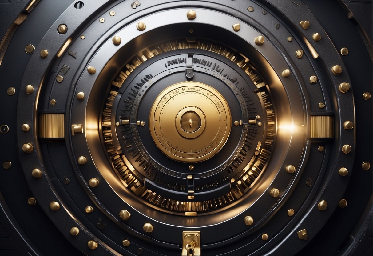 A secure vault door with a digital lock, surrounded by layers of encryption symbols and international data protection law documents