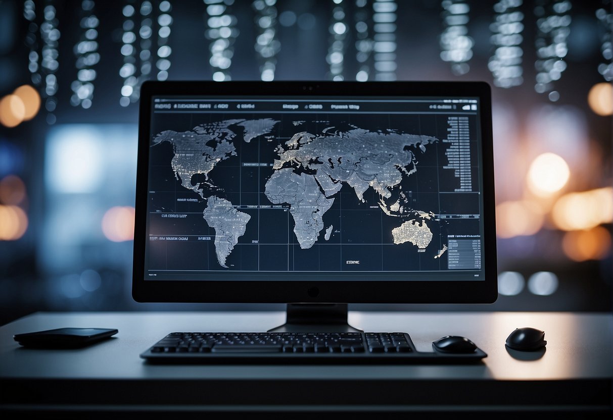 A computer screen displaying a secure data erasure process, surrounded by legal documents and international data protection laws