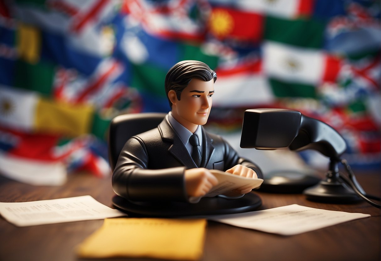 A figure erases data from a computer, surrounded by legal documents and international flags, symbolizing compliance with data protection laws