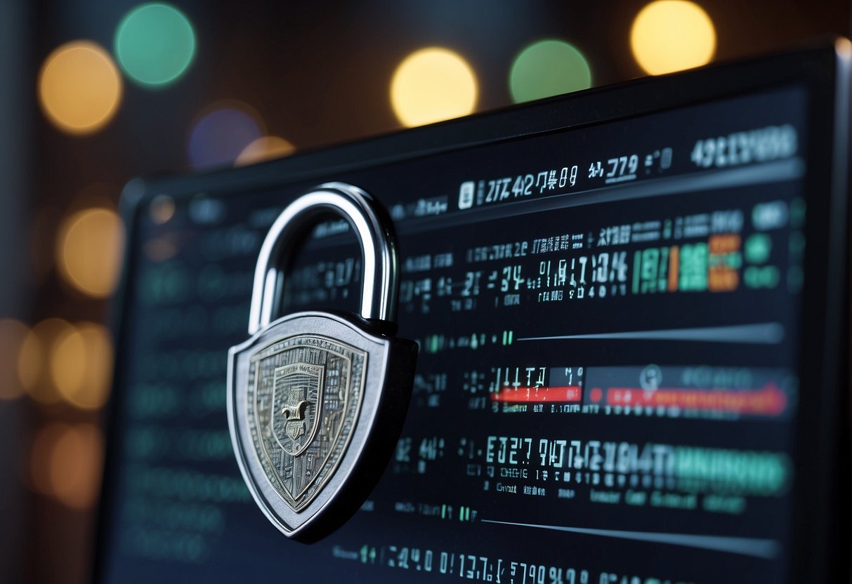 A computer screen displaying a secure data erasure process, with a lock symbol and a shield icon to represent protection of intellectual property