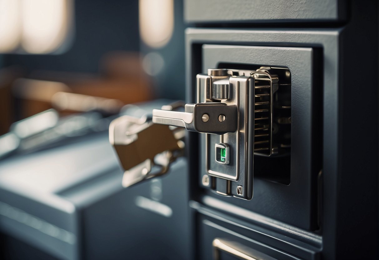A locked filing cabinet with a key in the lock, surrounded by a digital cloud and a shredder