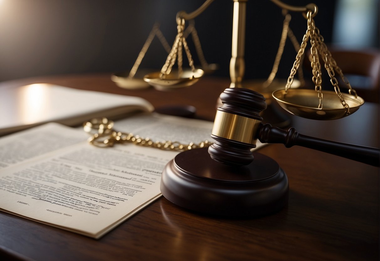 A courtroom with legal documents and scales of justice, a computer being wiped clean, and a lock symbol representing data erasure for intellectual property protection