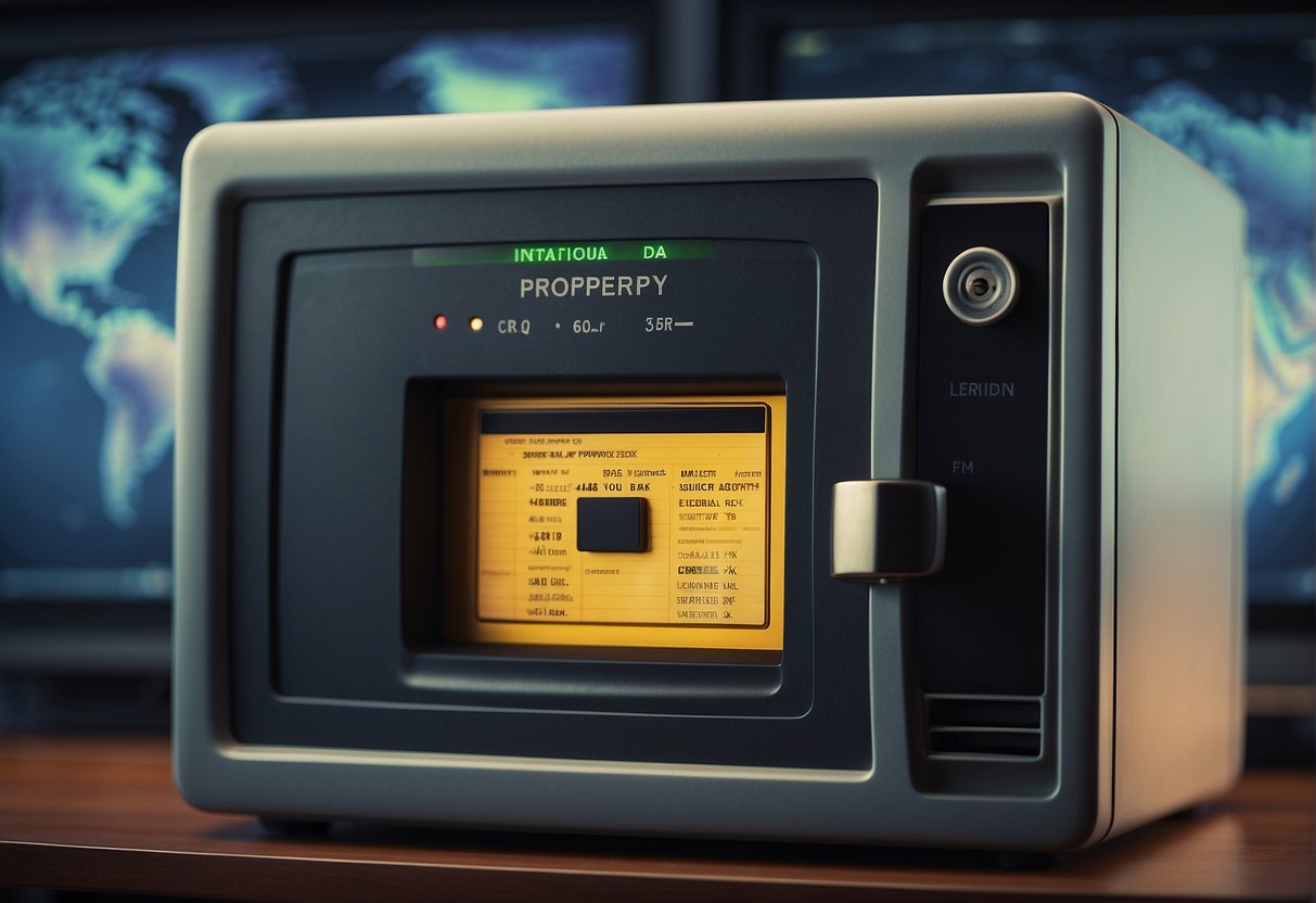 A computer screen displaying a secure data erasure process with a lock icon and a progress bar. A filing cabinet labeled "Intellectual Property" in the background