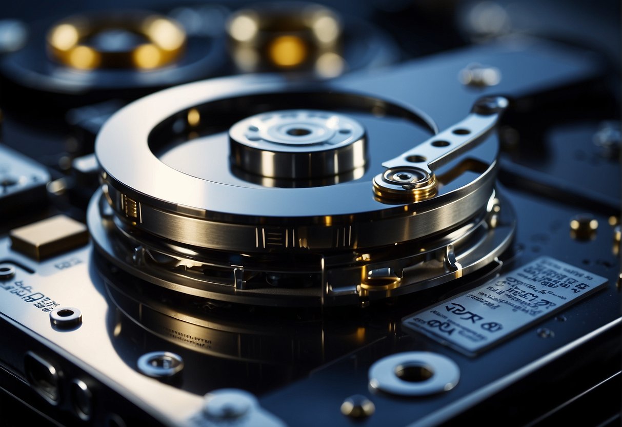 A hard drive being wiped clean with a secure data erasure tool, surrounded by symbols of intellectual property like patents and trademarks