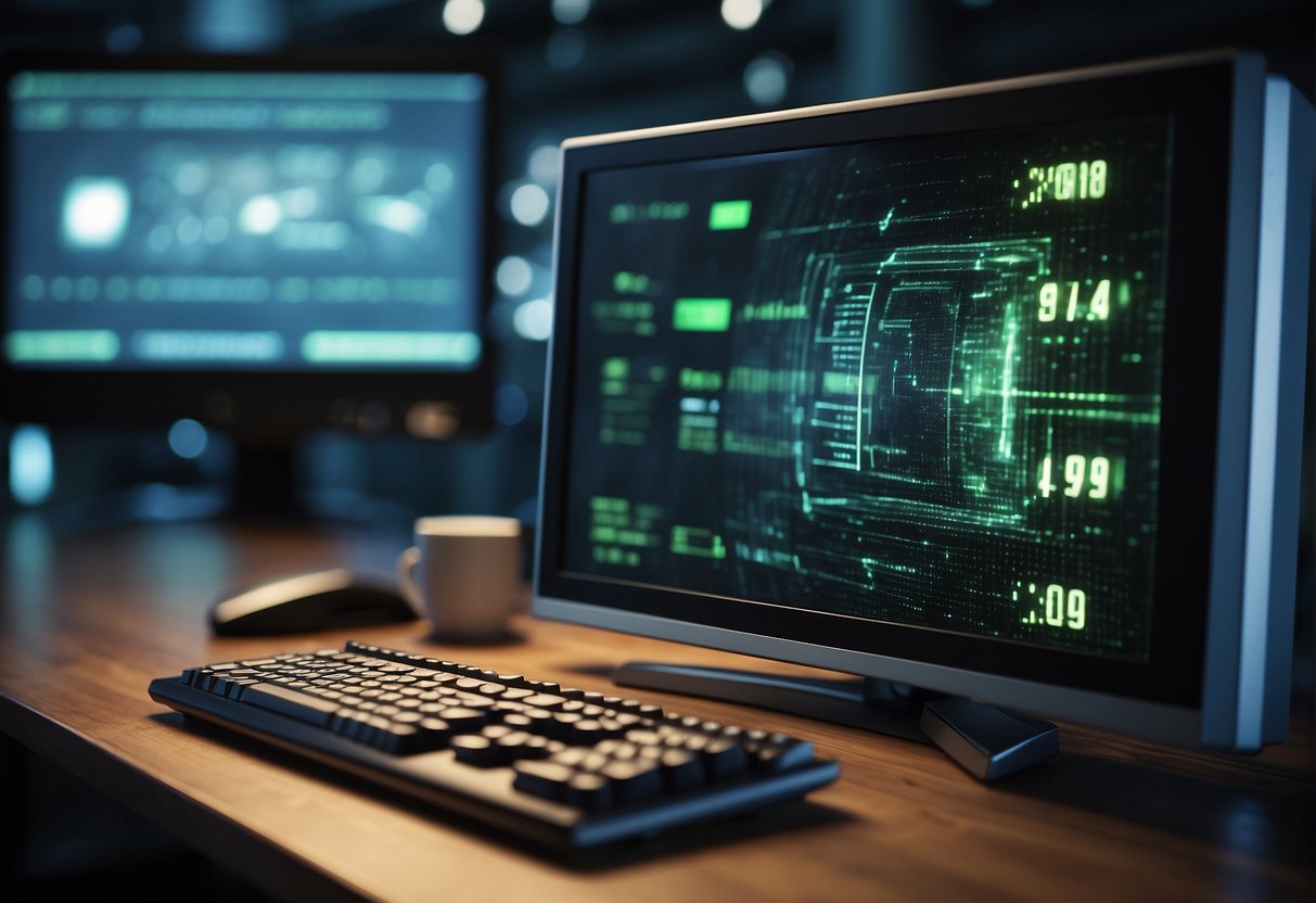A computer monitor displaying a progress bar as data is being securely erased from a hard drive. A padlock icon symbolizing intellectual property protection is overlaid on the screen