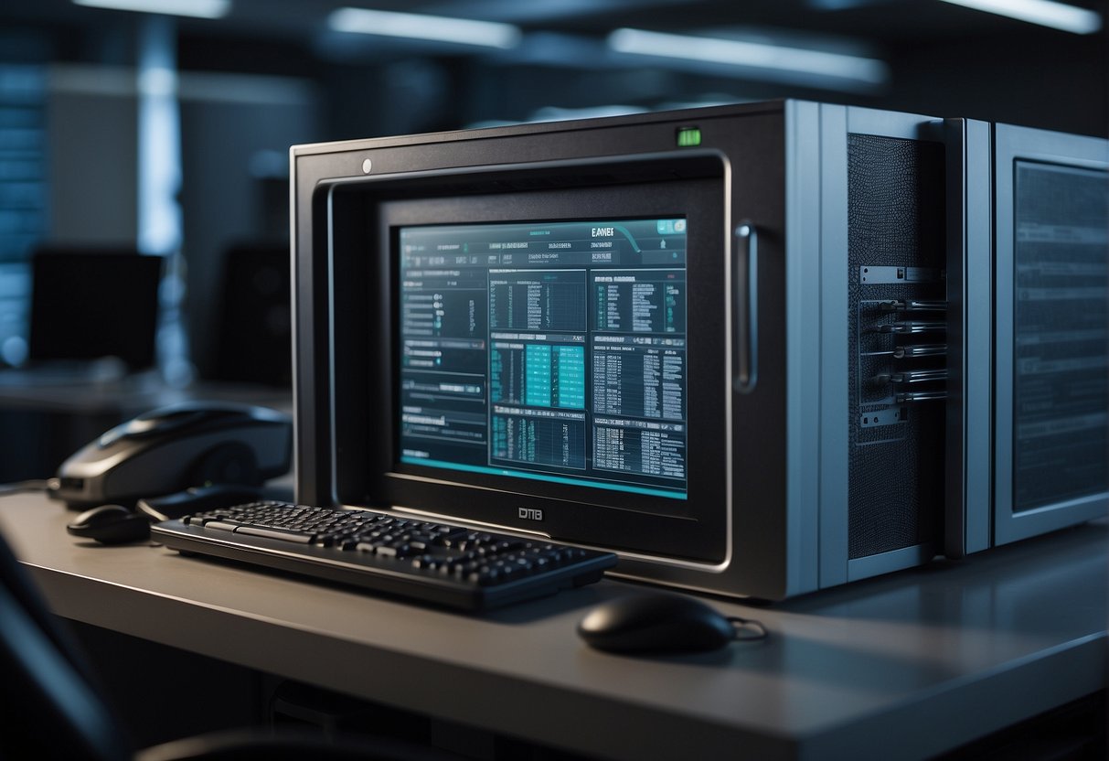 A secure data erasure process in a professional setting, with computer equipment and intellectual property documents being securely wiped clean