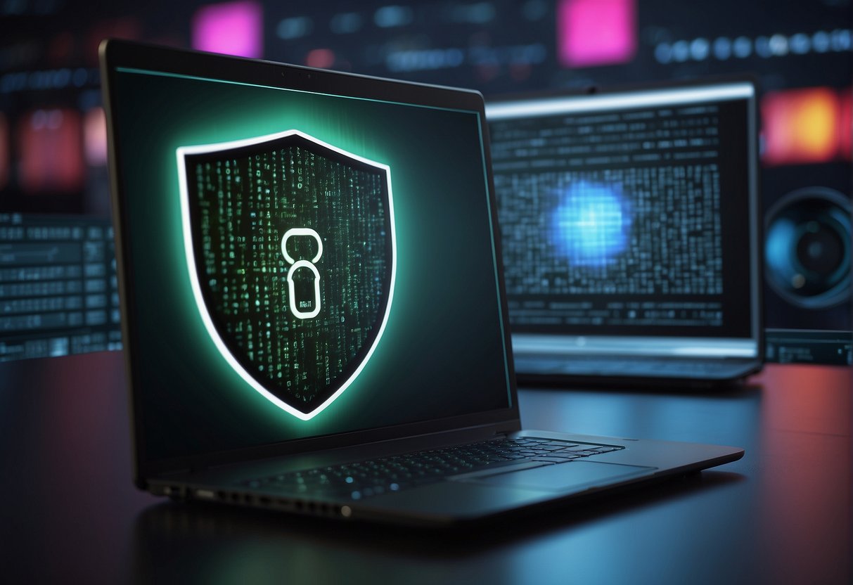 A computer screen displaying a locked account with a shield icon, surrounded by a digital wall symbolizing user privacy. A data erasure tool icon is shown, emphasizing intellectual property protection