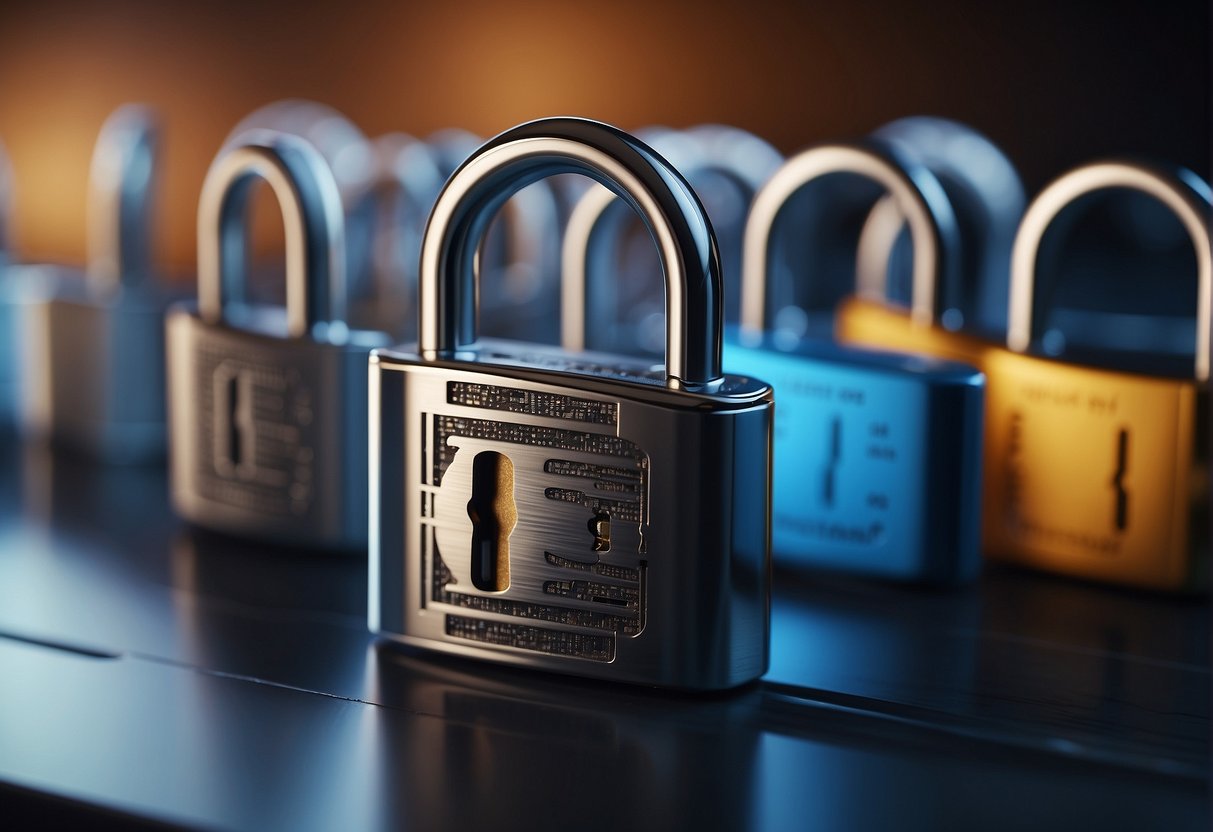 A secure lock icon surrounded by shields and a document symbol, representing data erasure for intellectual property protection