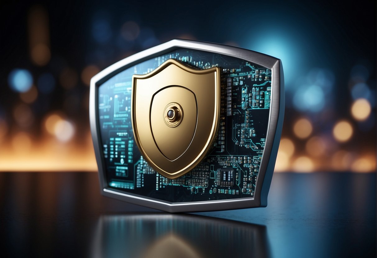 A computer screen displaying a secure data erasure process with a lock icon and a shield symbolizing privacy by design