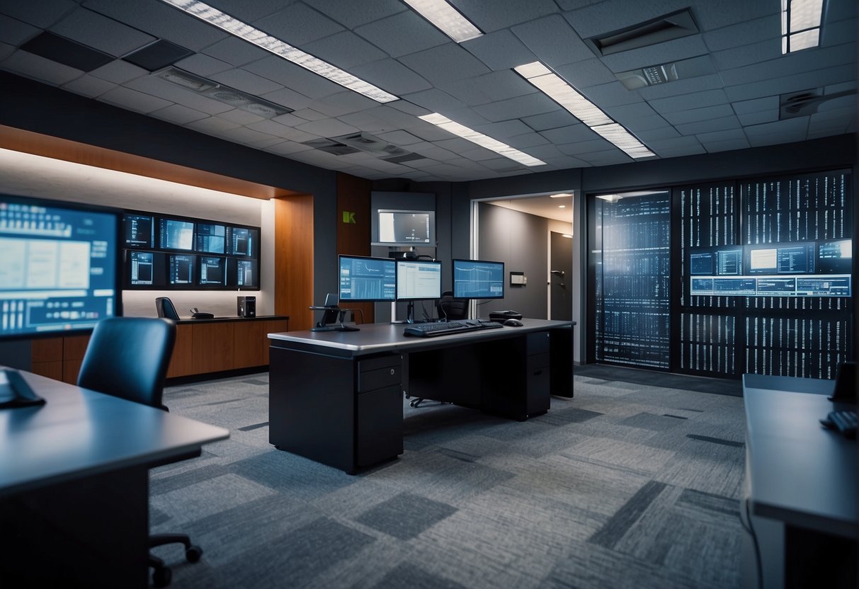 A secure facility with data erasure tools, encryption, and biometric access. Surveillance cameras and firewalls protect the premises