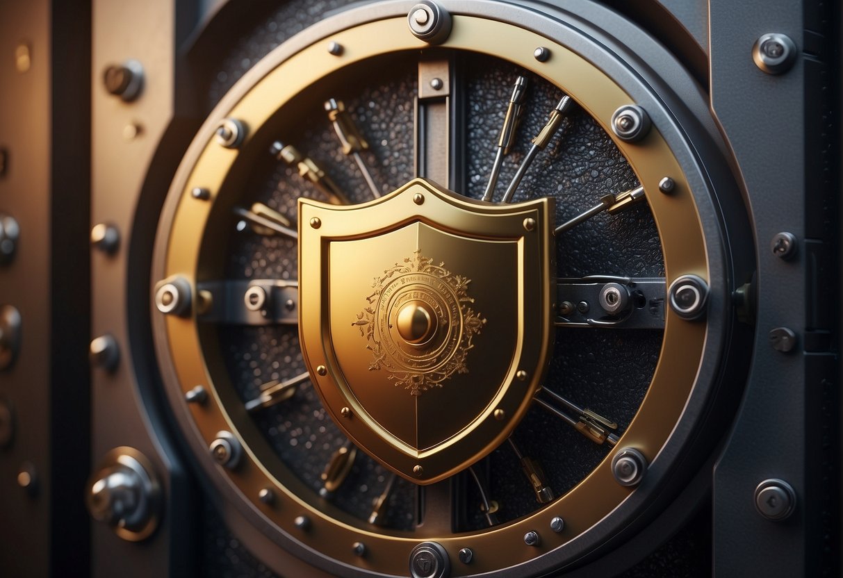 A locked vault with a shield emblem, surrounded by layers of security, including firewalls and encryption, to symbolize data privacy and security