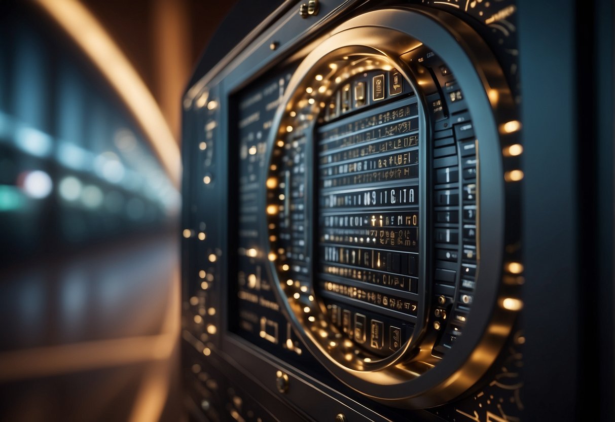 A locked vault with a digital keypad, surrounded by layers of encryption symbols and security protocols, representing the challenges and best practices in privacy and data protection