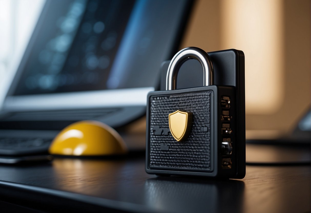 A computer system with a lock icon surrounded by a shield, a key, and a padlock, symbolizing data erasure and privacy by design