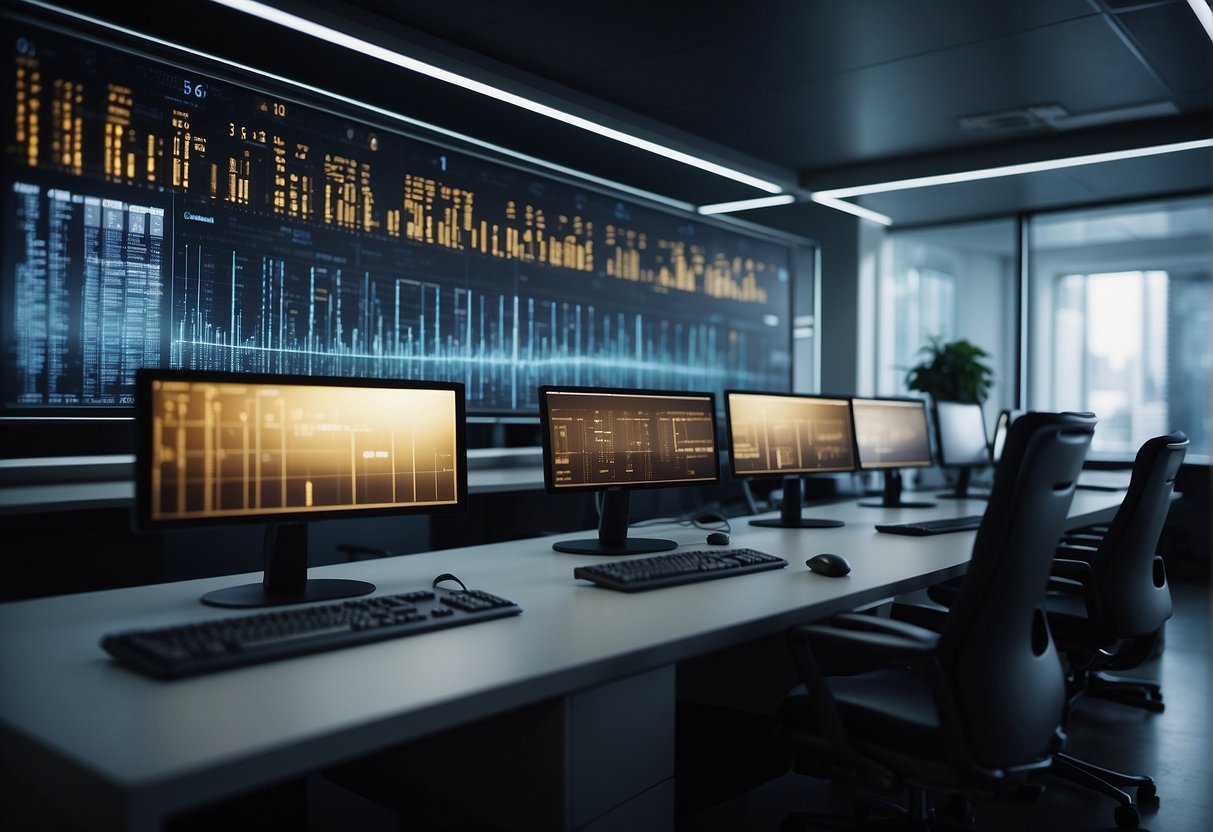 A computer screen displaying a progress bar for data erasure, surrounded by interconnected devices and servers in a modern office setting