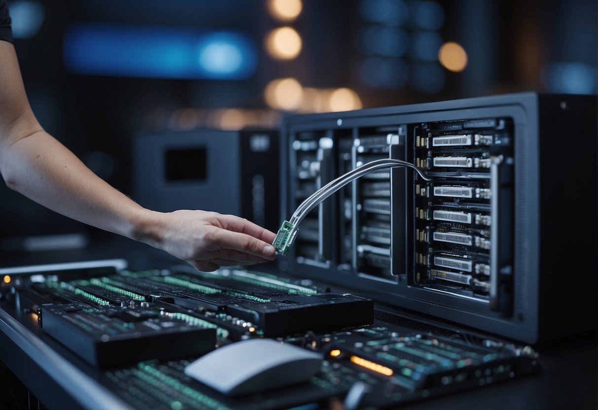 A computer server being wiped clean of data, surrounded by other high-tech equipment, symbolizing the role of data erasure in digital transformation