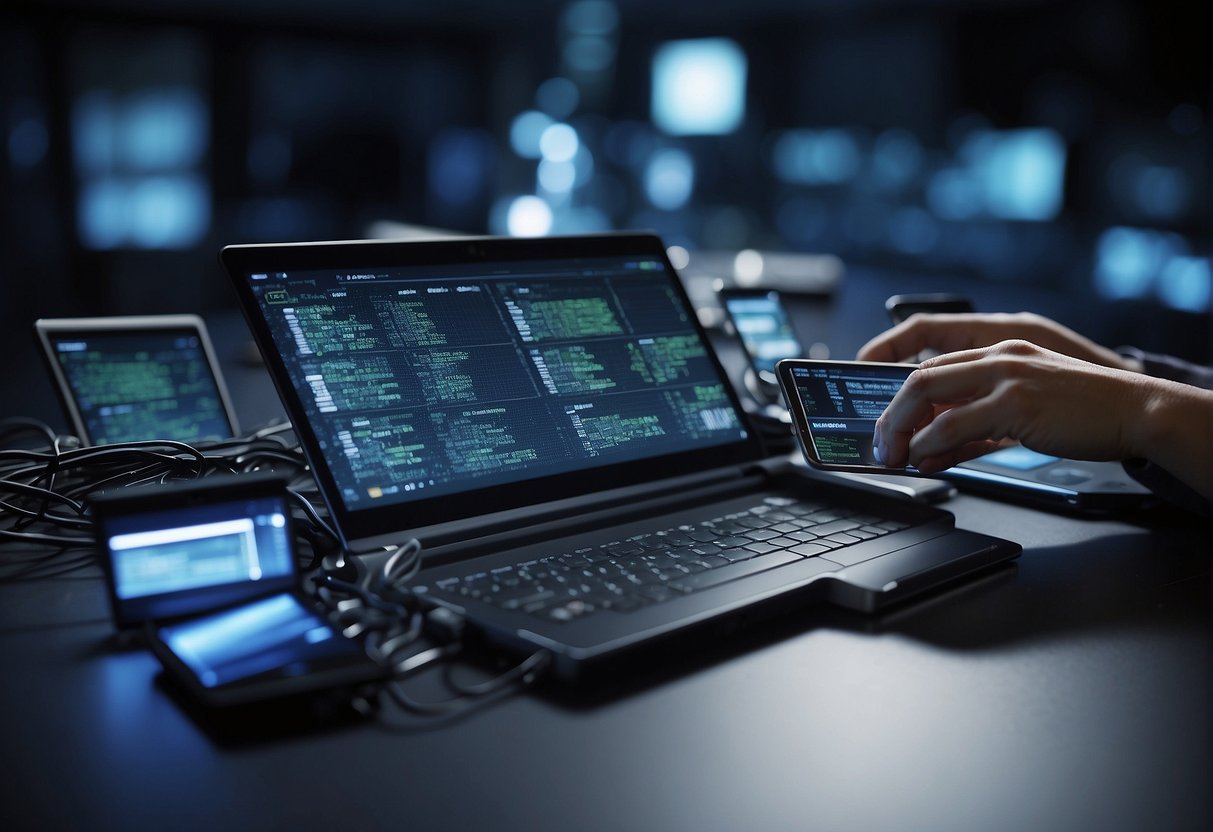 A group of interconnected digital devices being wiped clean of data, symbolizing the role of data erasure in driving cultural change for digital success