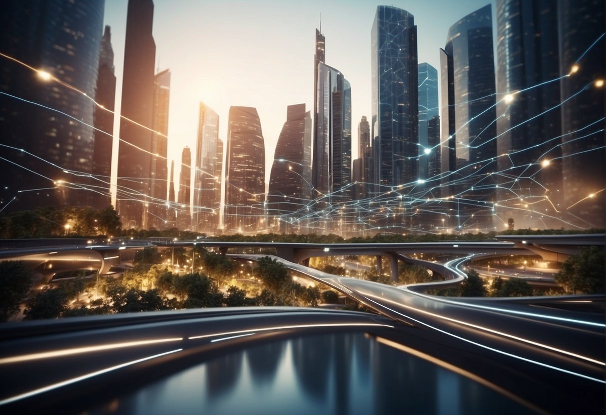 A futuristic cityscape with interconnected digital networks and data erasure tools in action, showcasing the role of technology in continuous innovation