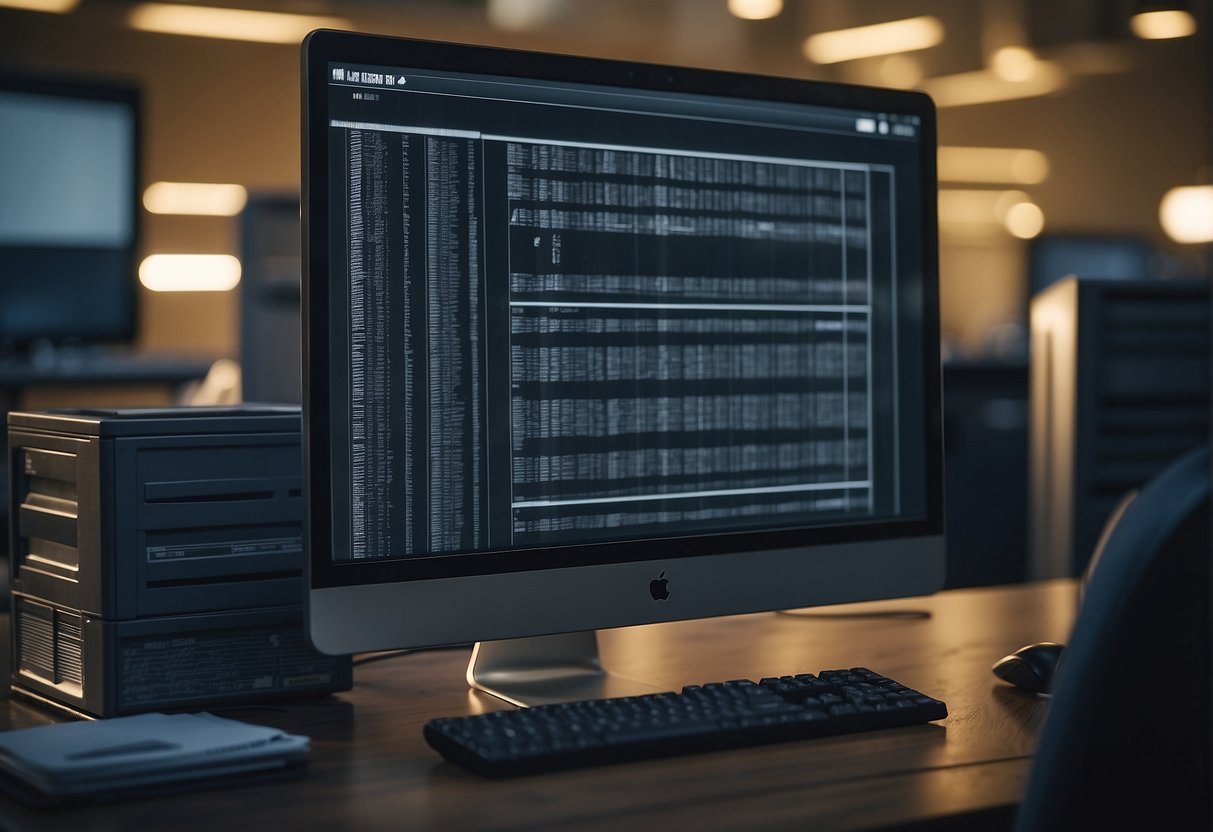 A computer screen showing a progress bar erasing data, surrounded by locked file cabinets and a shredder