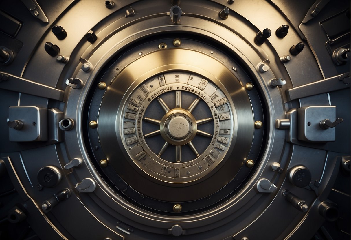 A secure vault door with "Legal and Compliance Framework Data Erasure" engraved on it, surrounded by locks and security measures