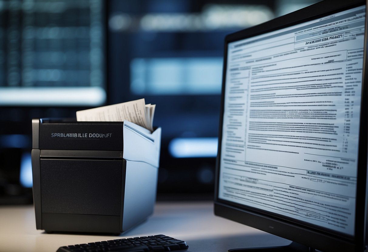 A computer screen displaying a data erasure policy document with a shredder icon in the background