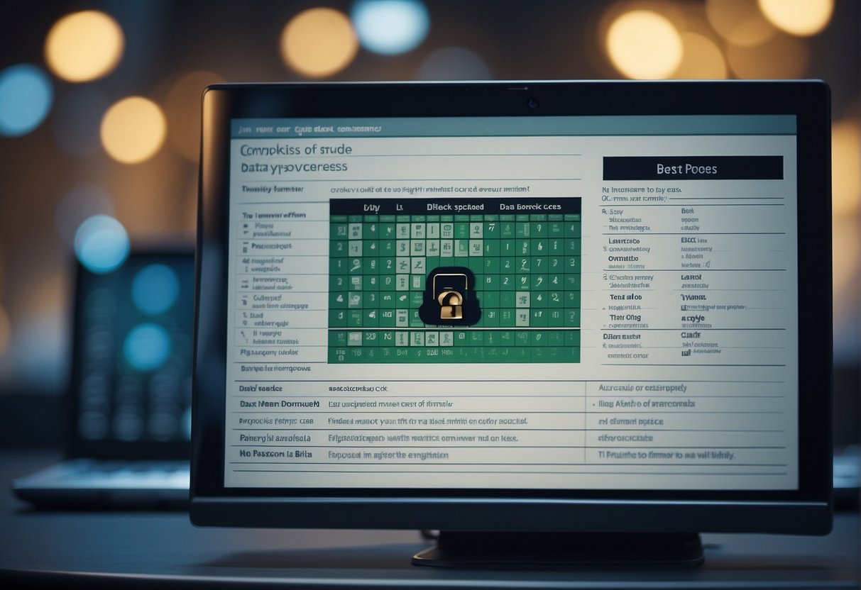 A computer screen displaying a secure data erasure process with a checklist of best practices. A locked padlock symbolizes data governance