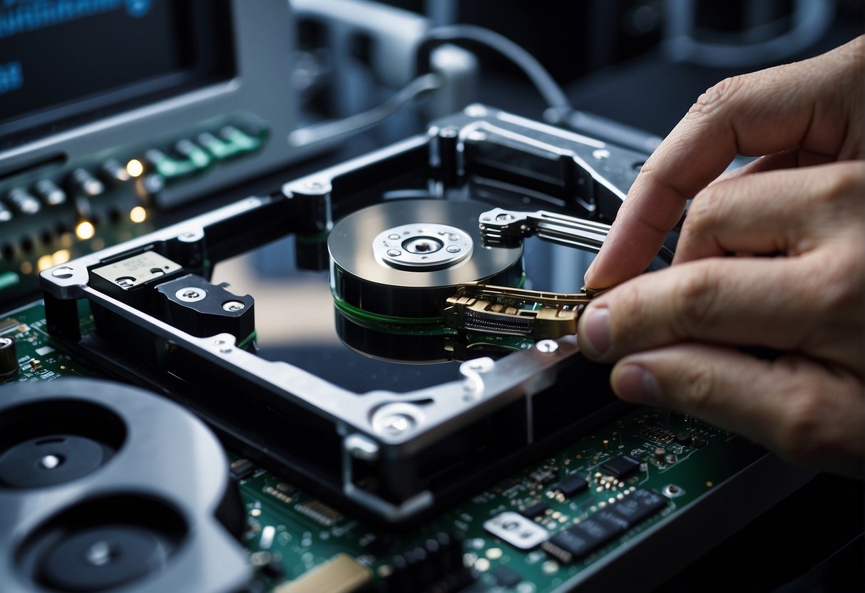 A secure data erasure process in action, wiping clean a computer hard drive under the supervision of a risk management team