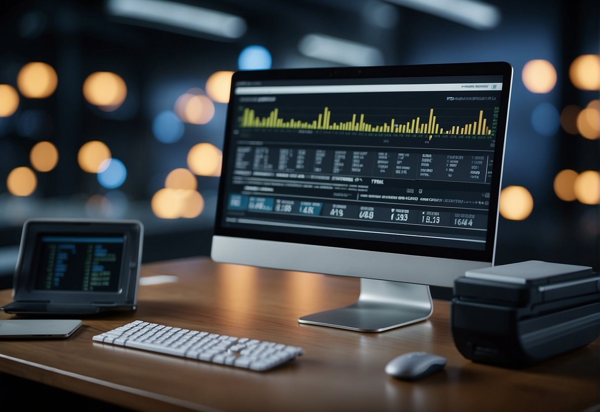 A computer screen displays a data erasure progress bar, while a report document is being generated in the background