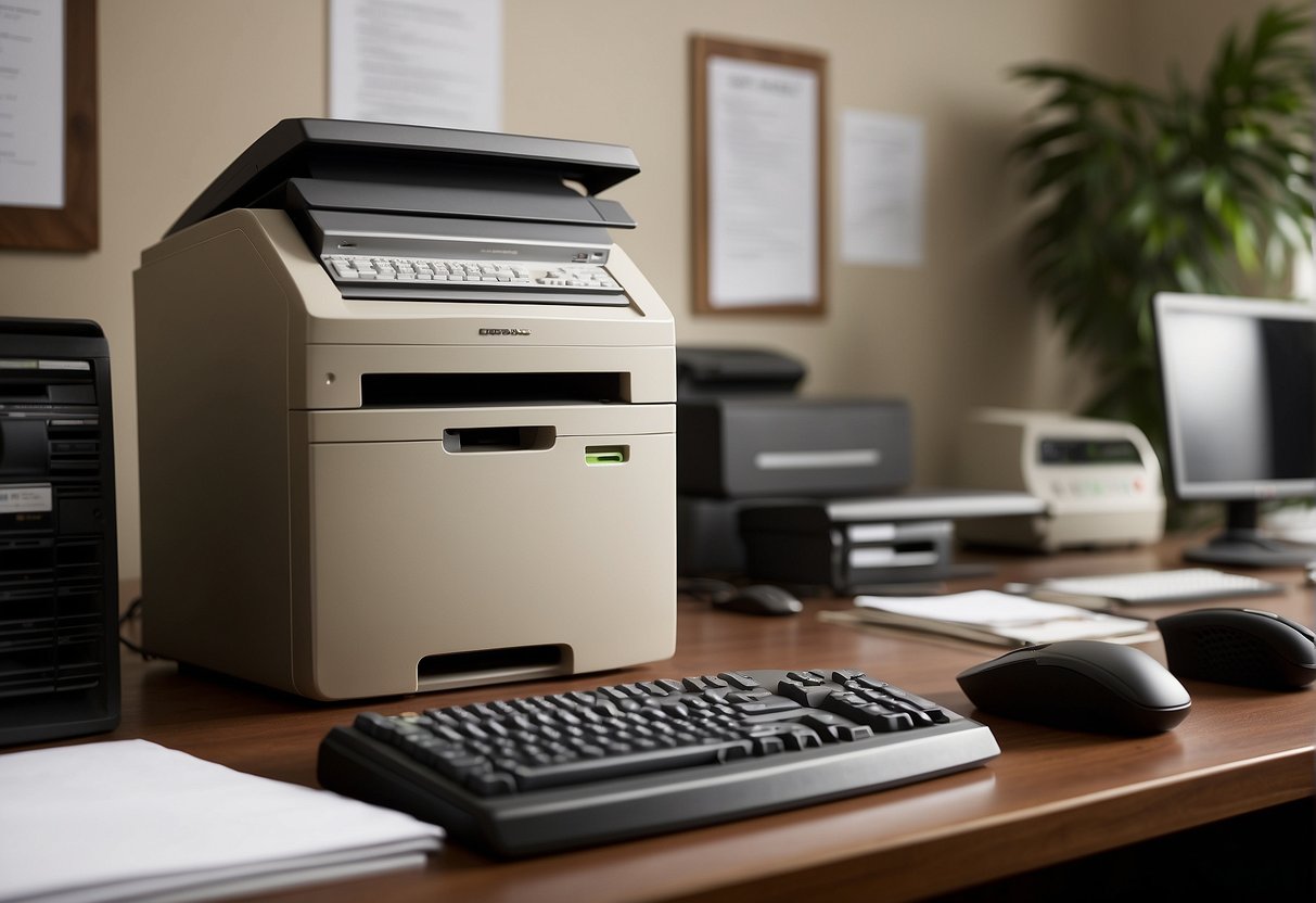 A desk with a computer, paper shredder, and document shredder. A sign on the wall reads "Data Erasure Policy."