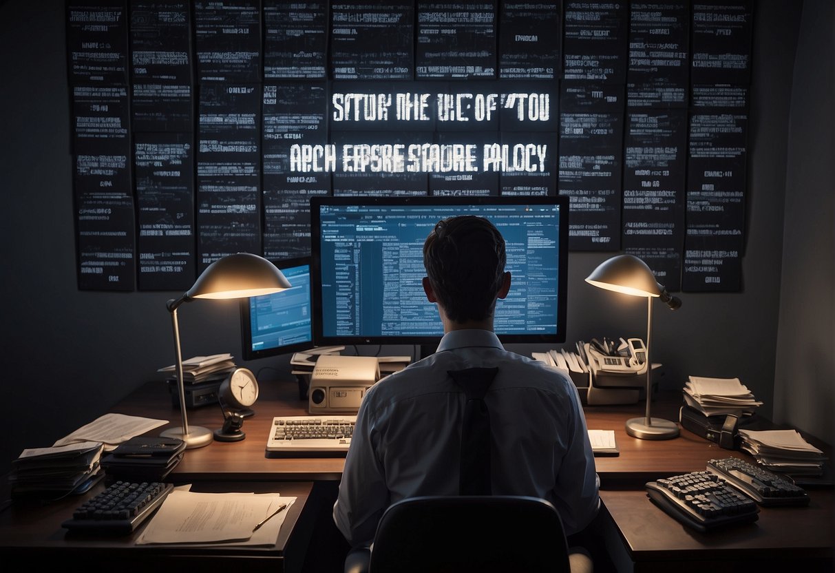 A person typing on a computer, surrounded by documents and data storage devices. A paper with "Data Erasure Policy" written on it is pinned to the wall