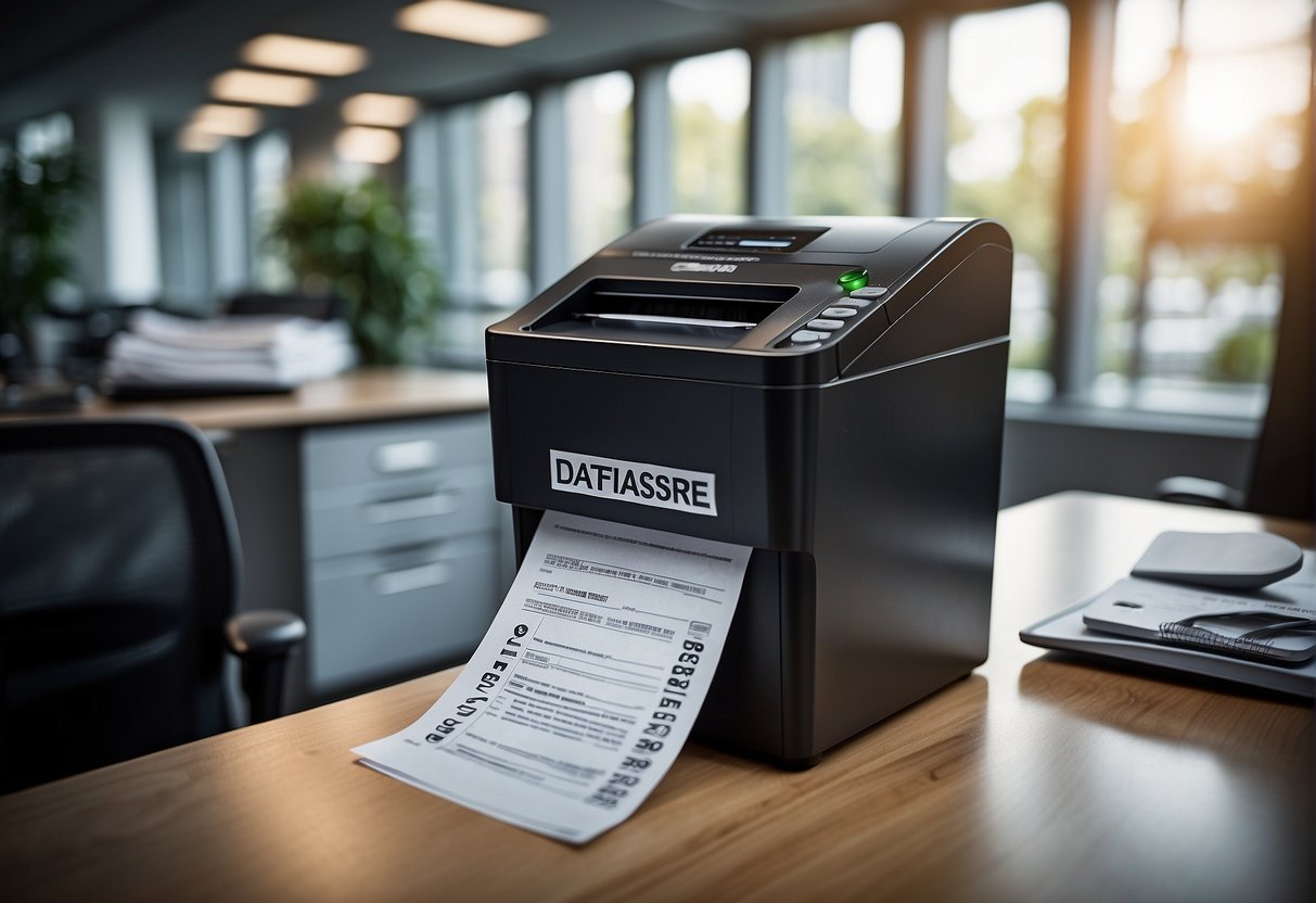A document shredder in an office setting with a prominent "Data Erasure Policy" sign displayed