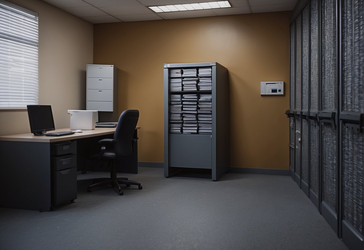 A secure room with a computer and a shredder. A policy document on the wall. A person pressing a button to start the data erasure process