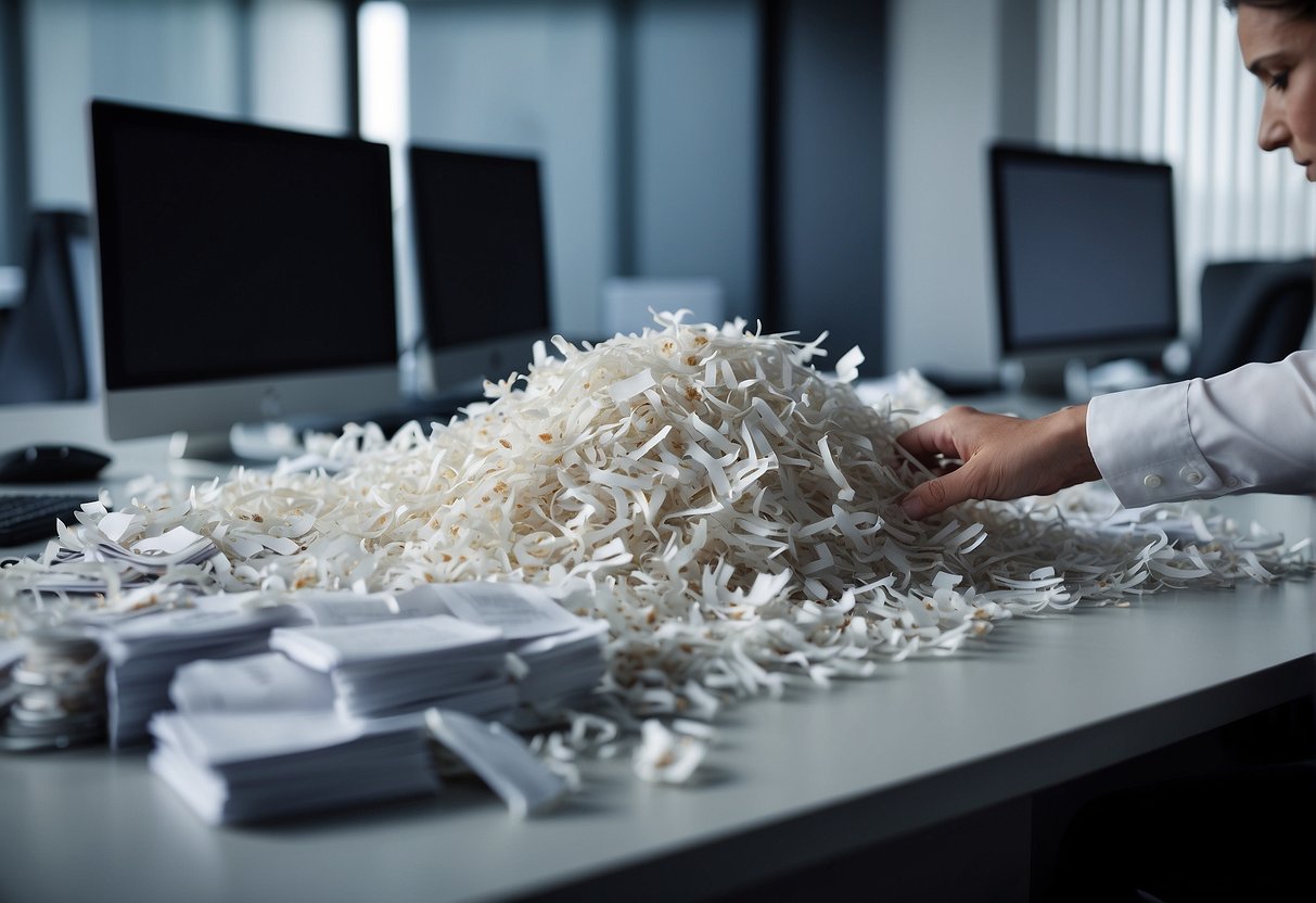 A secure data erasure policy being implemented in an office setting, with employees shredding and disposing of sensitive documents and using software to wipe electronic devices