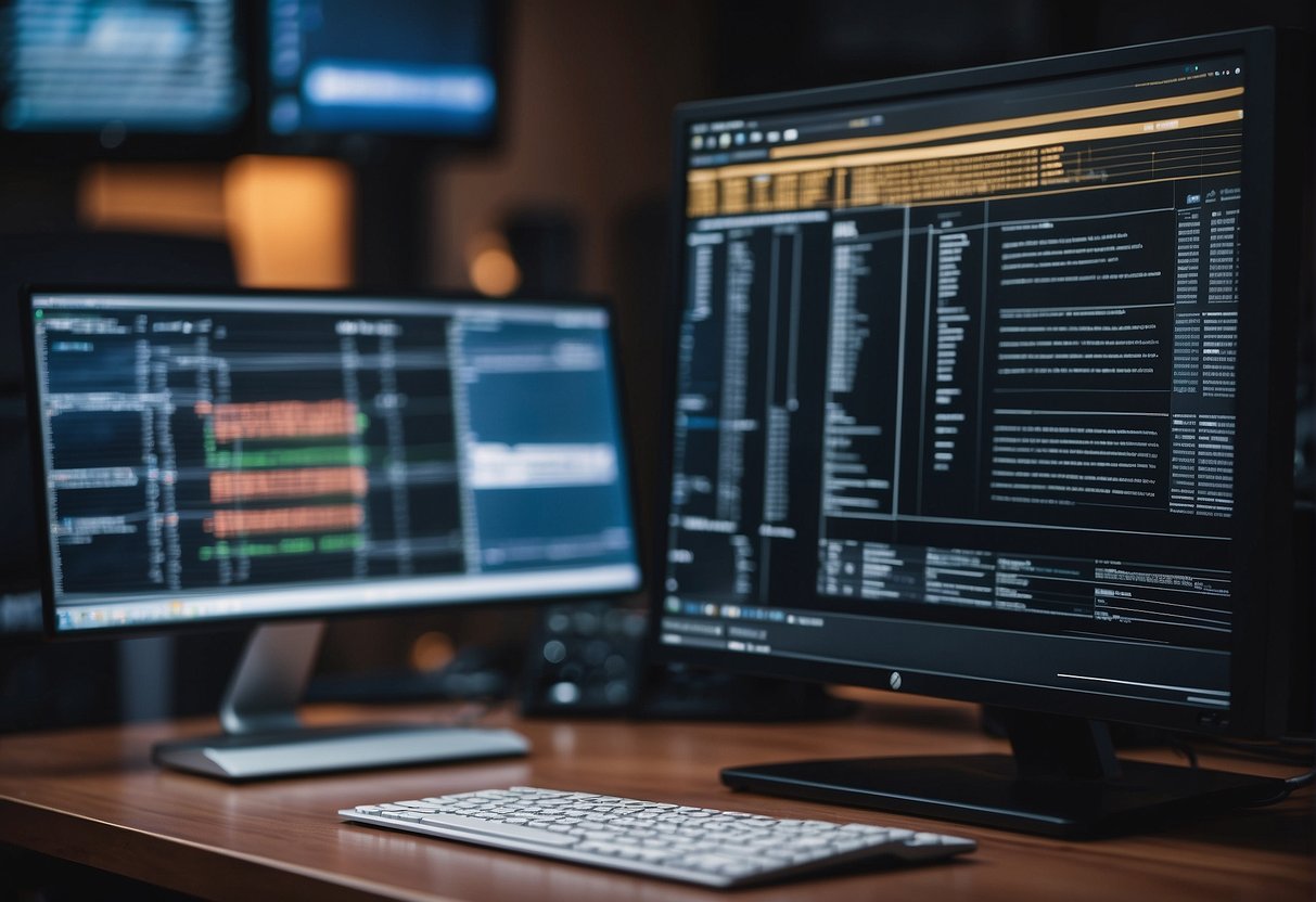 A computer tower sits on a desk with a monitor and keyboard nearby. A technician holds a data erasure policy document, while a secure erasure process is shown on the computer screen