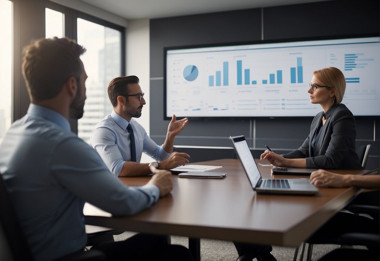 Employees in a meeting room, learning about data erasure policy. Charts and diagrams on the wall. Trainer pointing to a presentation on a screen