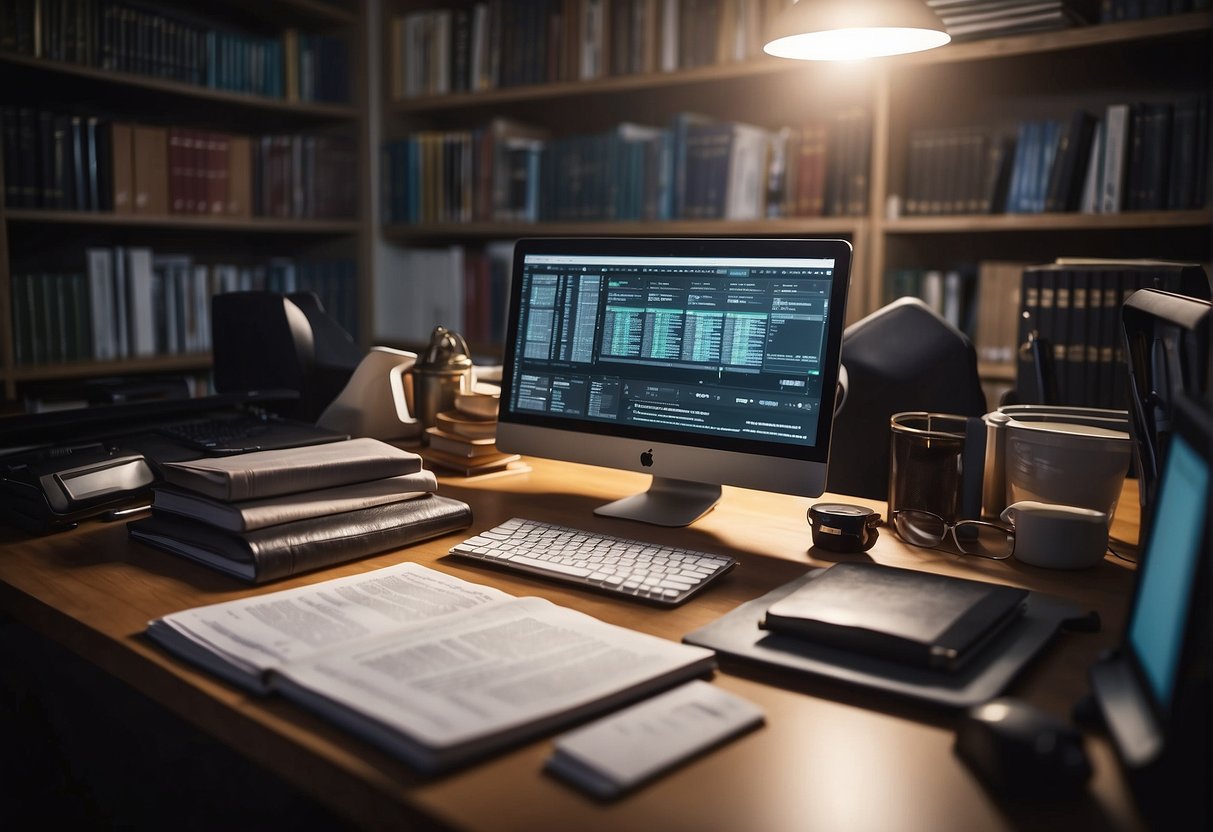 A desk with a computer, paper, and pen. A person creating a data erasure policy. Books and documents on shelves in the background