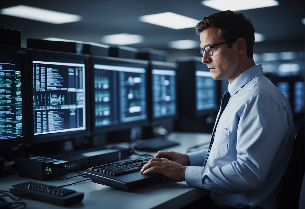 A server room with a technician using a secure data erasure software on multiple hard drives, while other employees are seen working on business continuity plans in the background